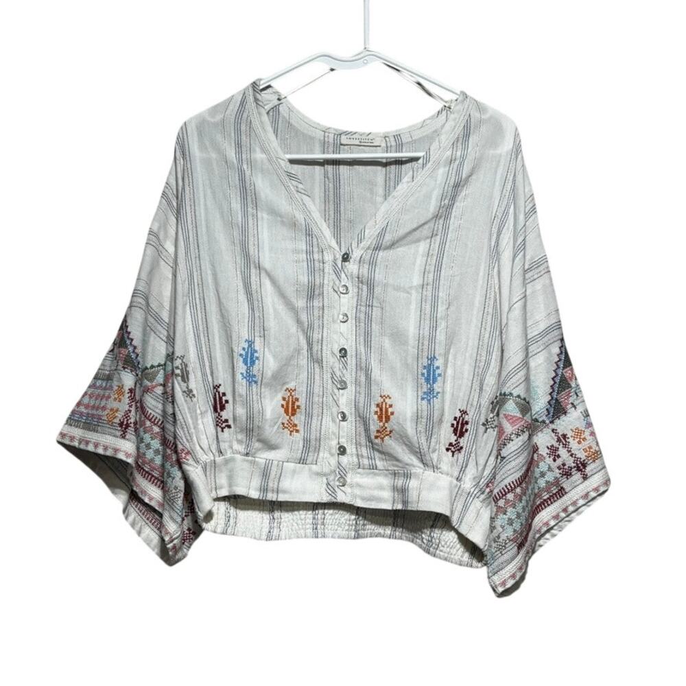 Lovestitch Boho Embroidered Top Womens Small White Bell Sleeve Button Up Blouse